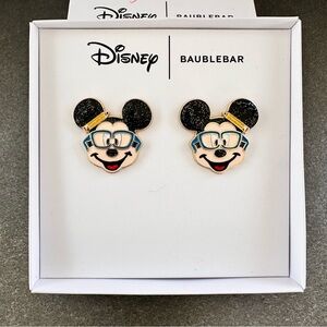 Disney BaubleBar Mickey Mouse Earrings Studs Glitter Black Gold Glasses NWT Gift